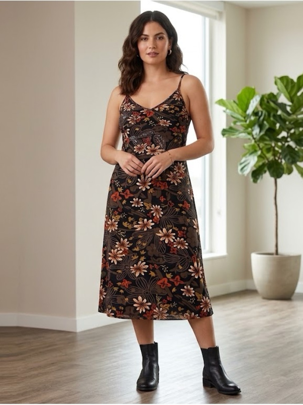 Floral Slip Midi Dress in Black with Rust & Cream Accents